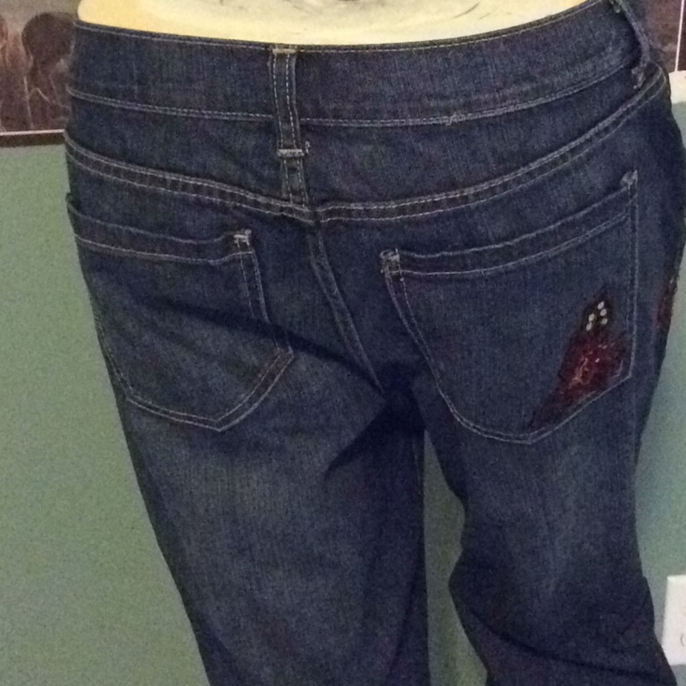 New York & Company Dark Blue Boot Cut Jeans with Red Floral Embroidery - Picture 6 of 10